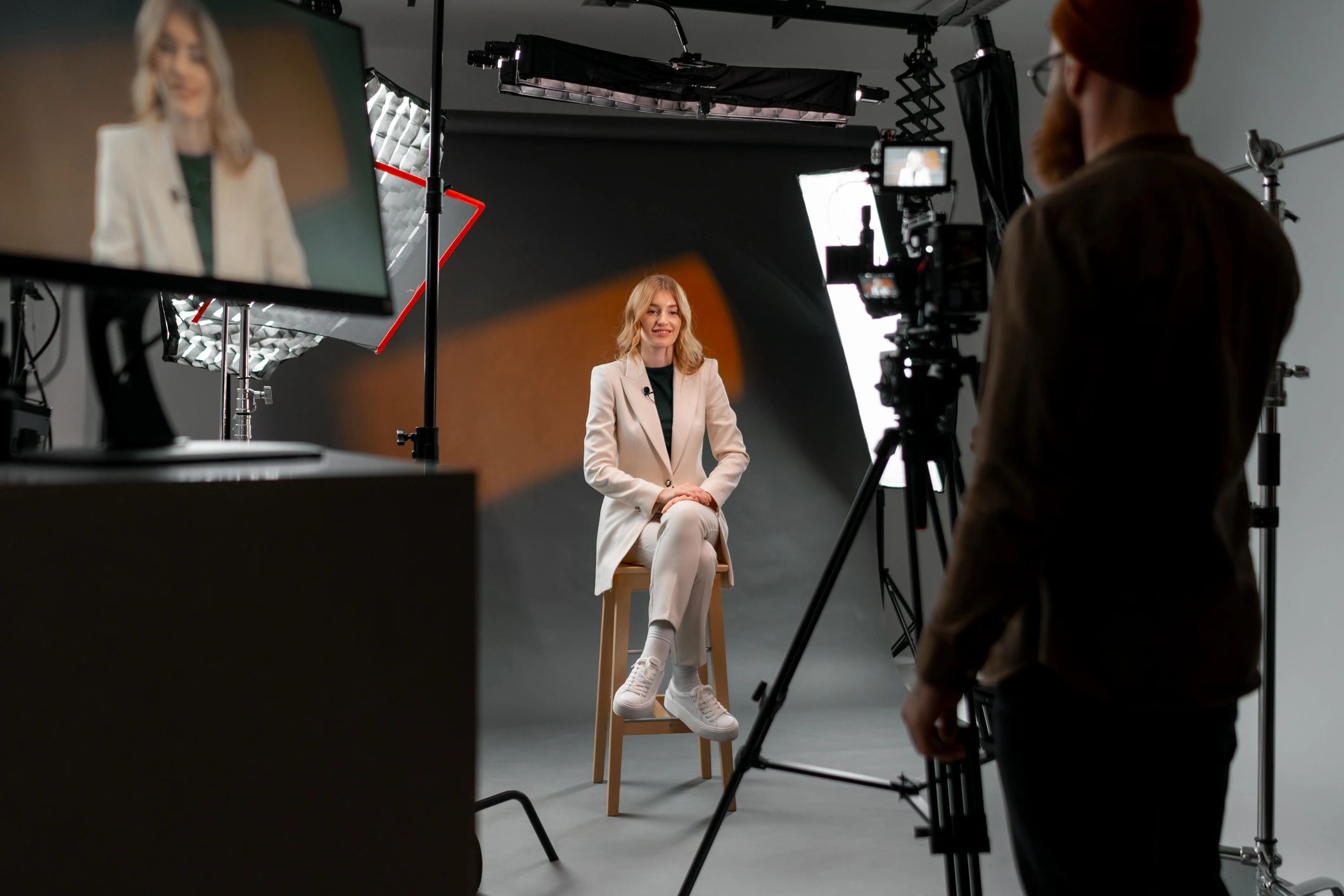 A woman at film studio set.